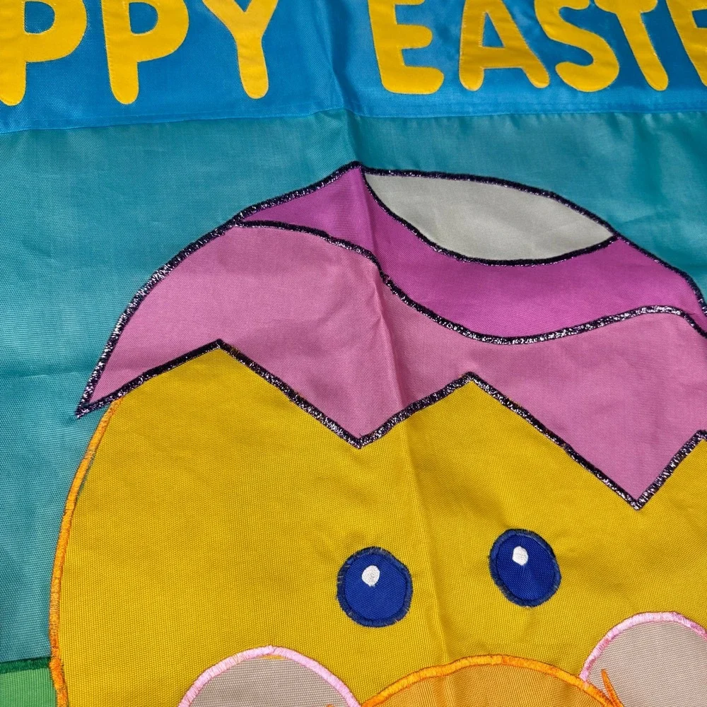 Vtg Happy Easter Chick Chicken Egg Colorful Outdoor Nylon Flag w Metallic Accent
